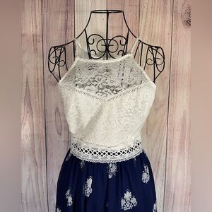 White and Navy Floral Maxi Halter Dress